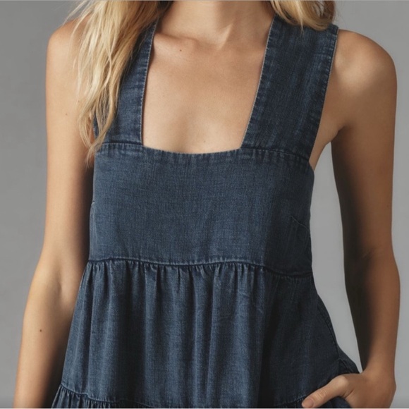 Anthropologie Square Neck Tiered Midi Dress in Denim Light - Picture 3 of 4